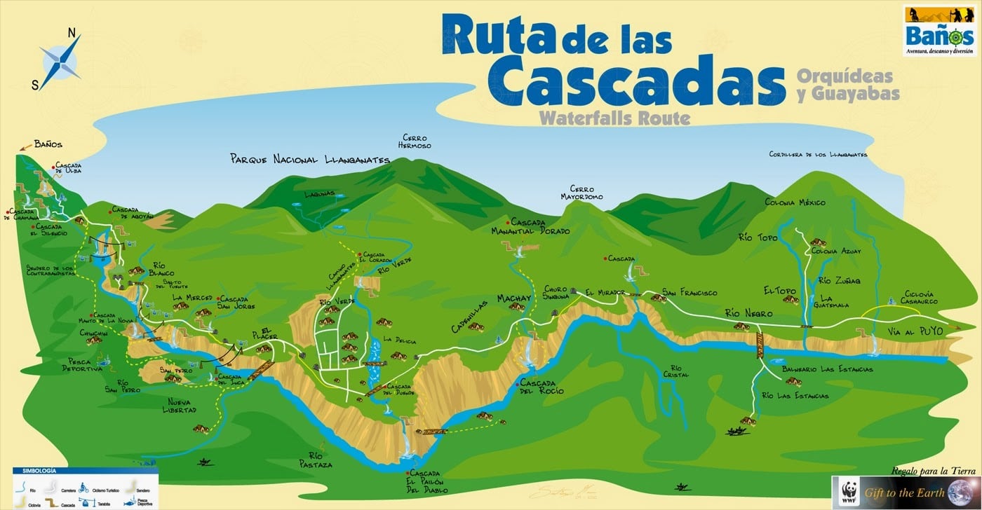 Map of Waterfall Route biking path Baños Ecuador