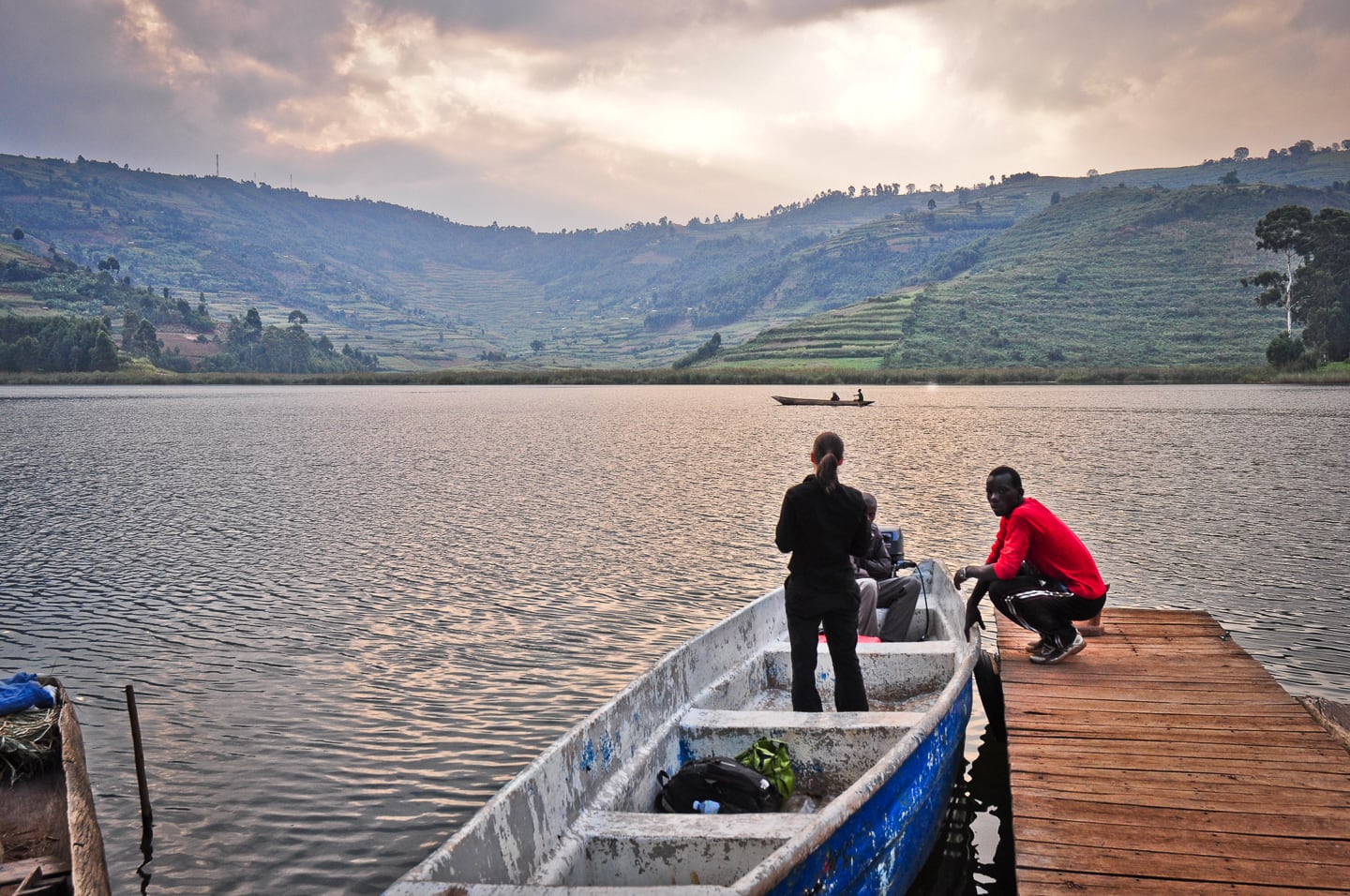 Lake Bunyonyi Uganda on a boat to Byoona Amagara