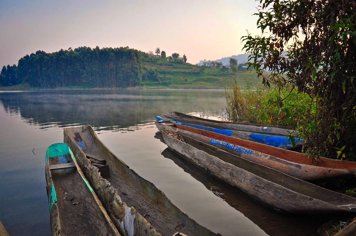 dugout canoes on Lake Bunyonyi Uganda