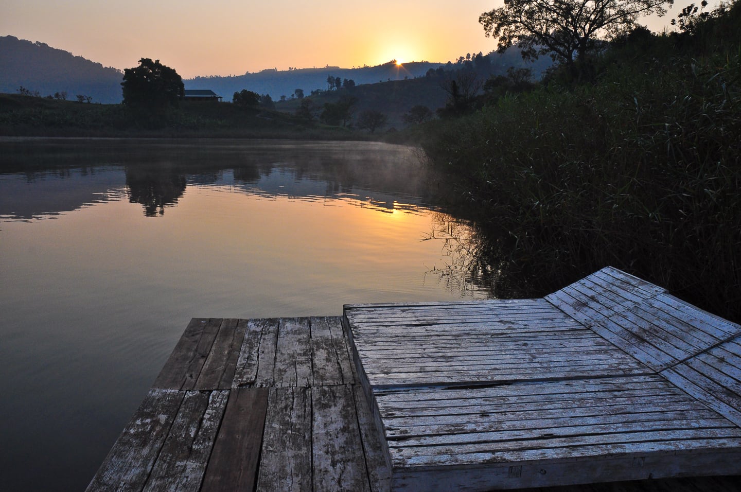 Sunrise over Lake Bunyonyi from Byoona Amagara dock