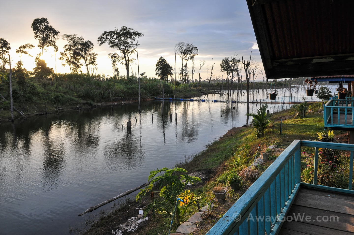 view of lake from bungalow porch