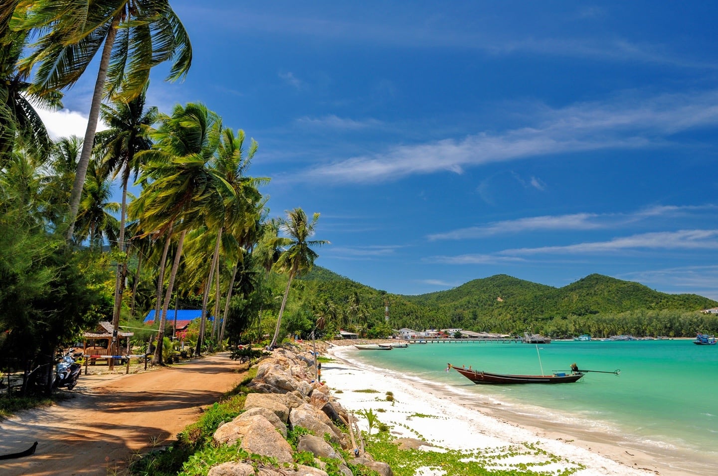 palms and long tail boat on Chaloklum Beach Koh Phangan Thailand