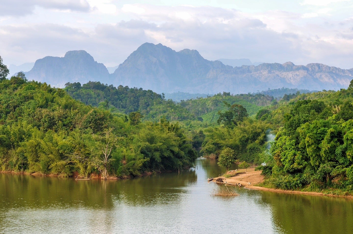 view of mountains and river on the Thakhek Loop