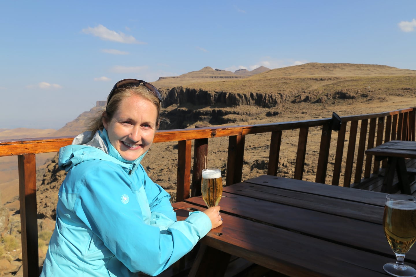 drinking beer at the Highest Pub in Africa near Sani Pass South Africa