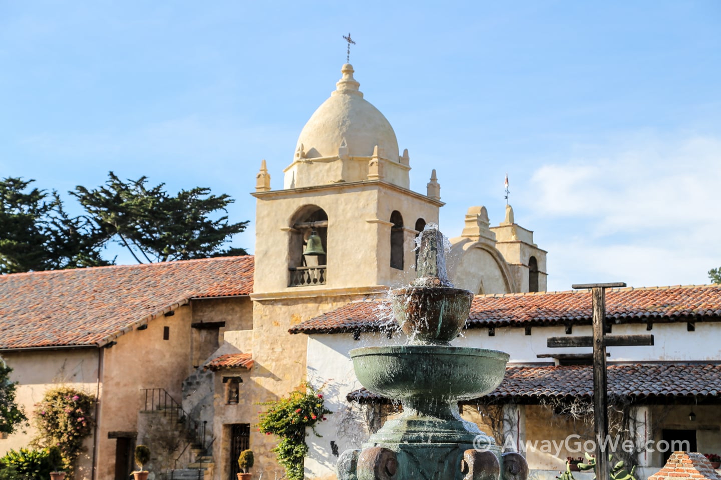 bell tower and fountain at Carmel Mission