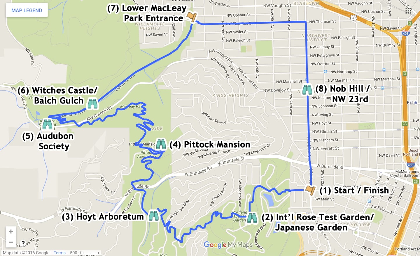 Pittock Mansion hike map via Lower Macleay Trail Portland Oregon