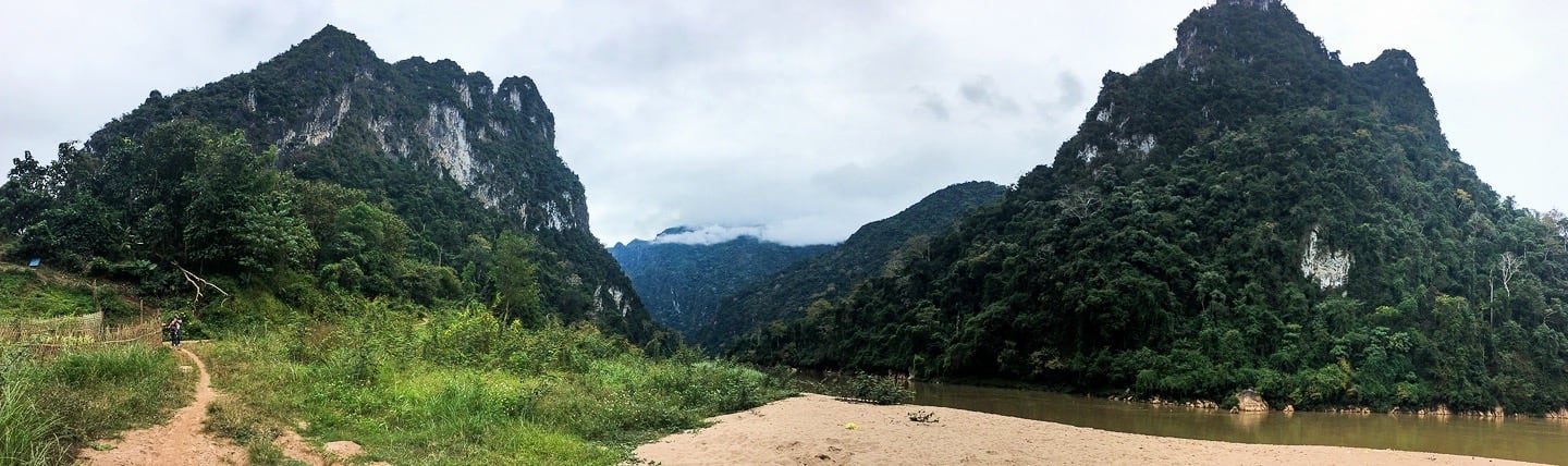 panoramic view of Sop Cham river bank and limestone cliffs