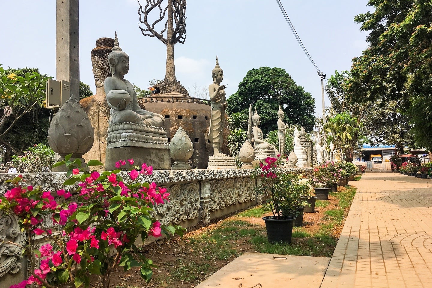 buddhist statues line main entry to Buddha Park Vientiane