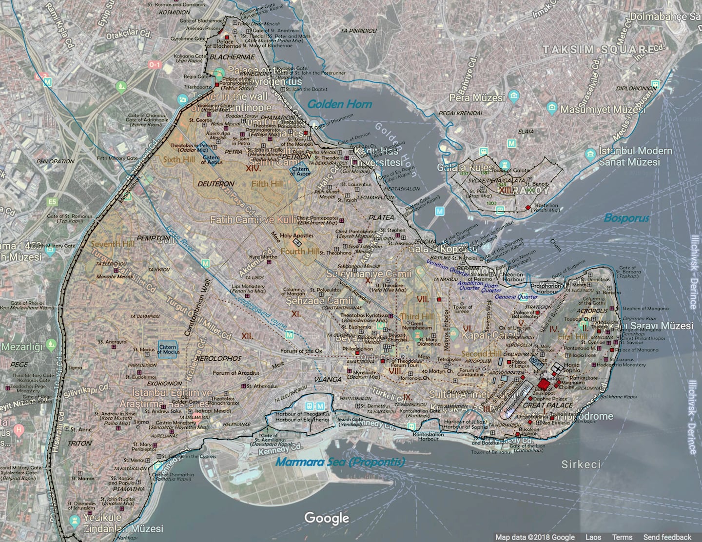 map of old Constantinople overlay on modern Istanbul