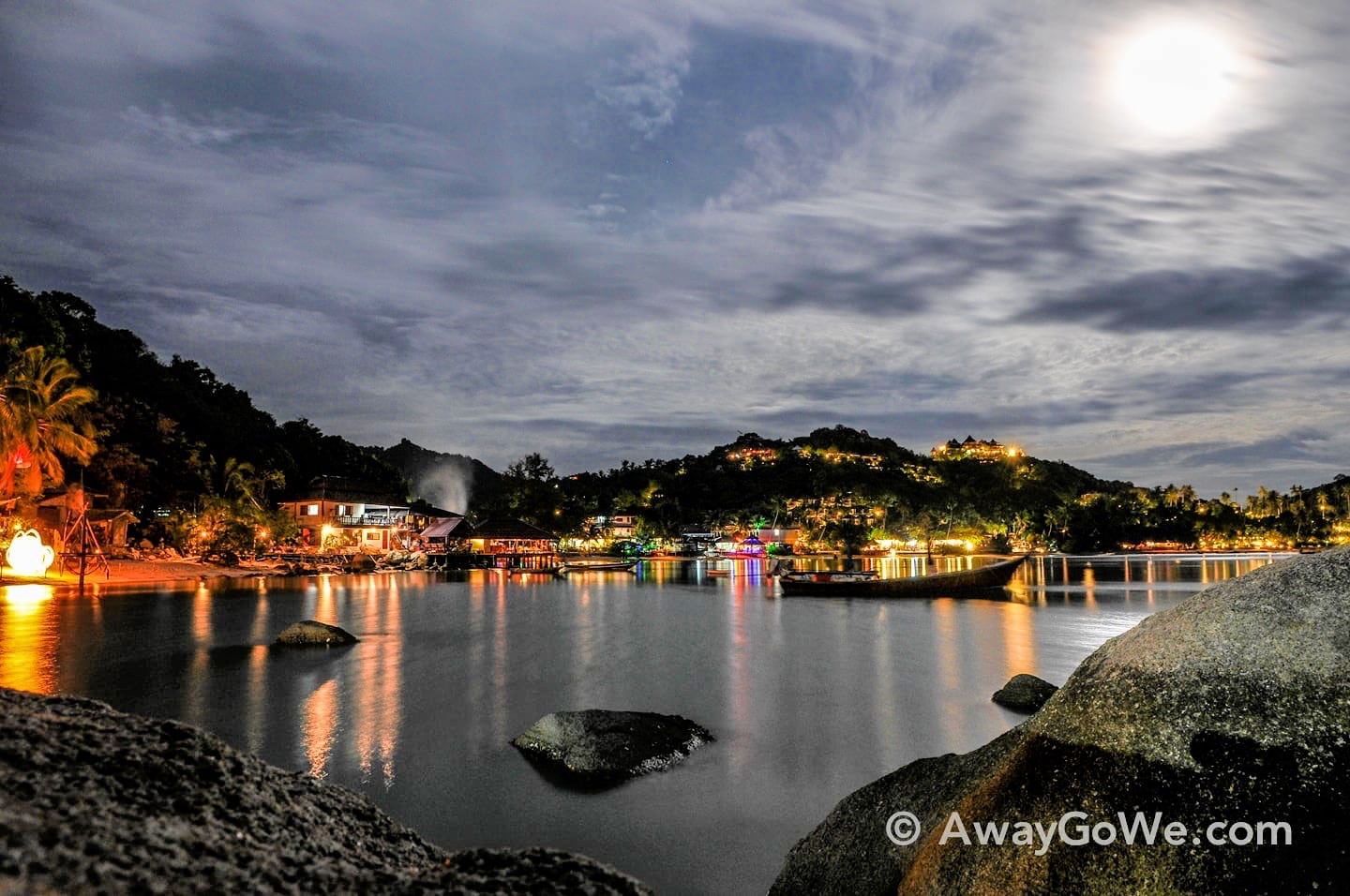 thai island fishing village night