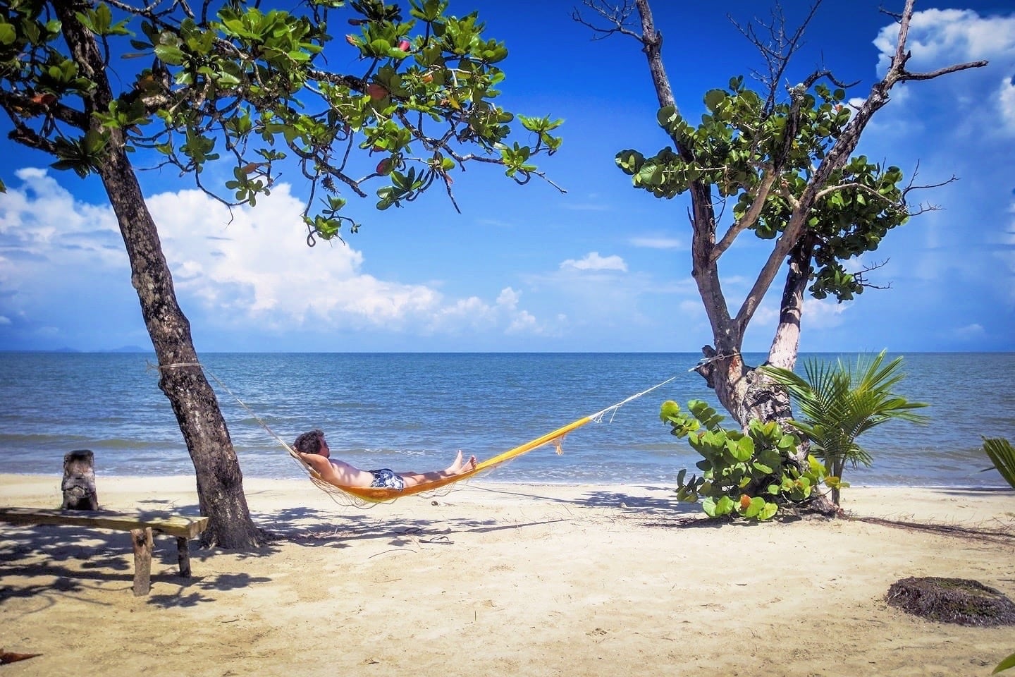 man relaxing on hammock near the ocean