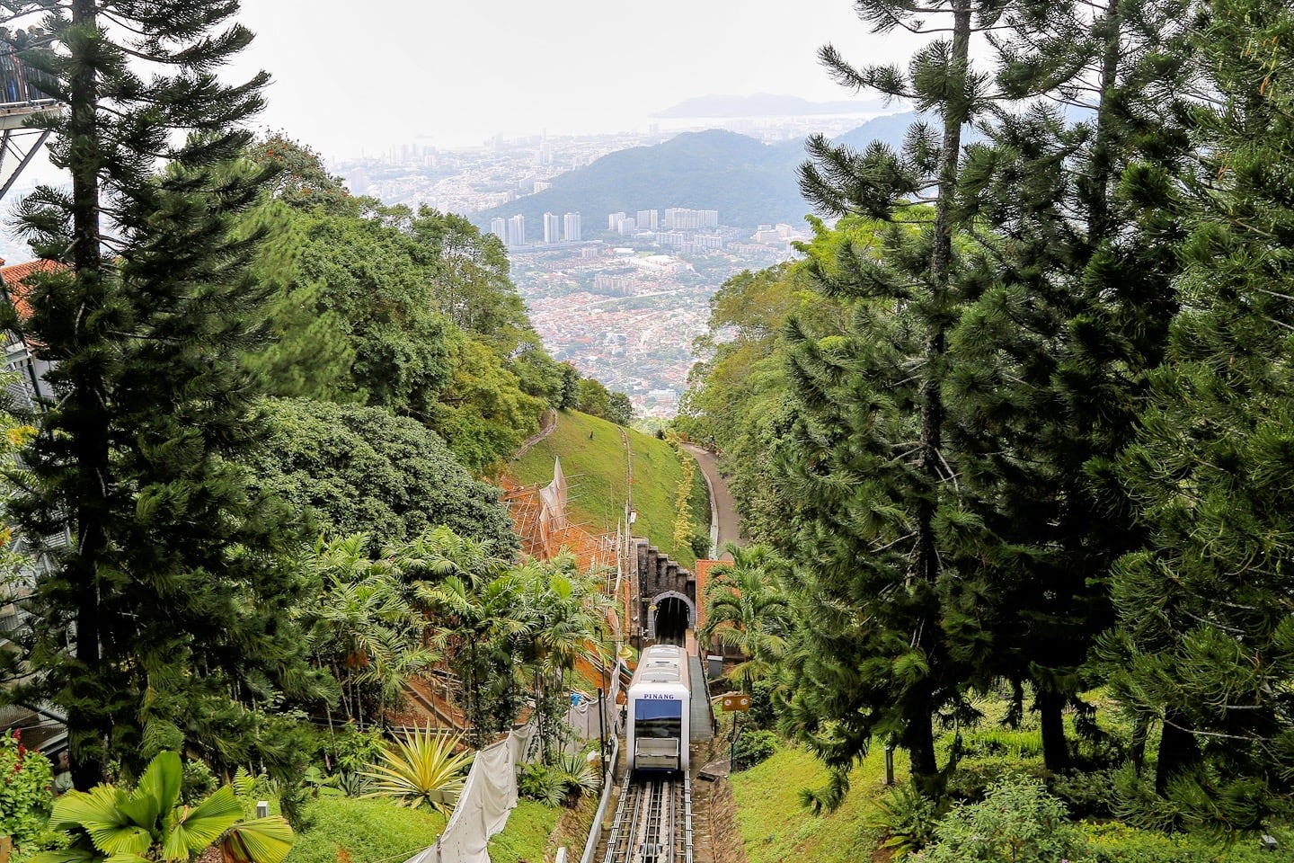 Penang Hill Railway funicular and city and mountains
