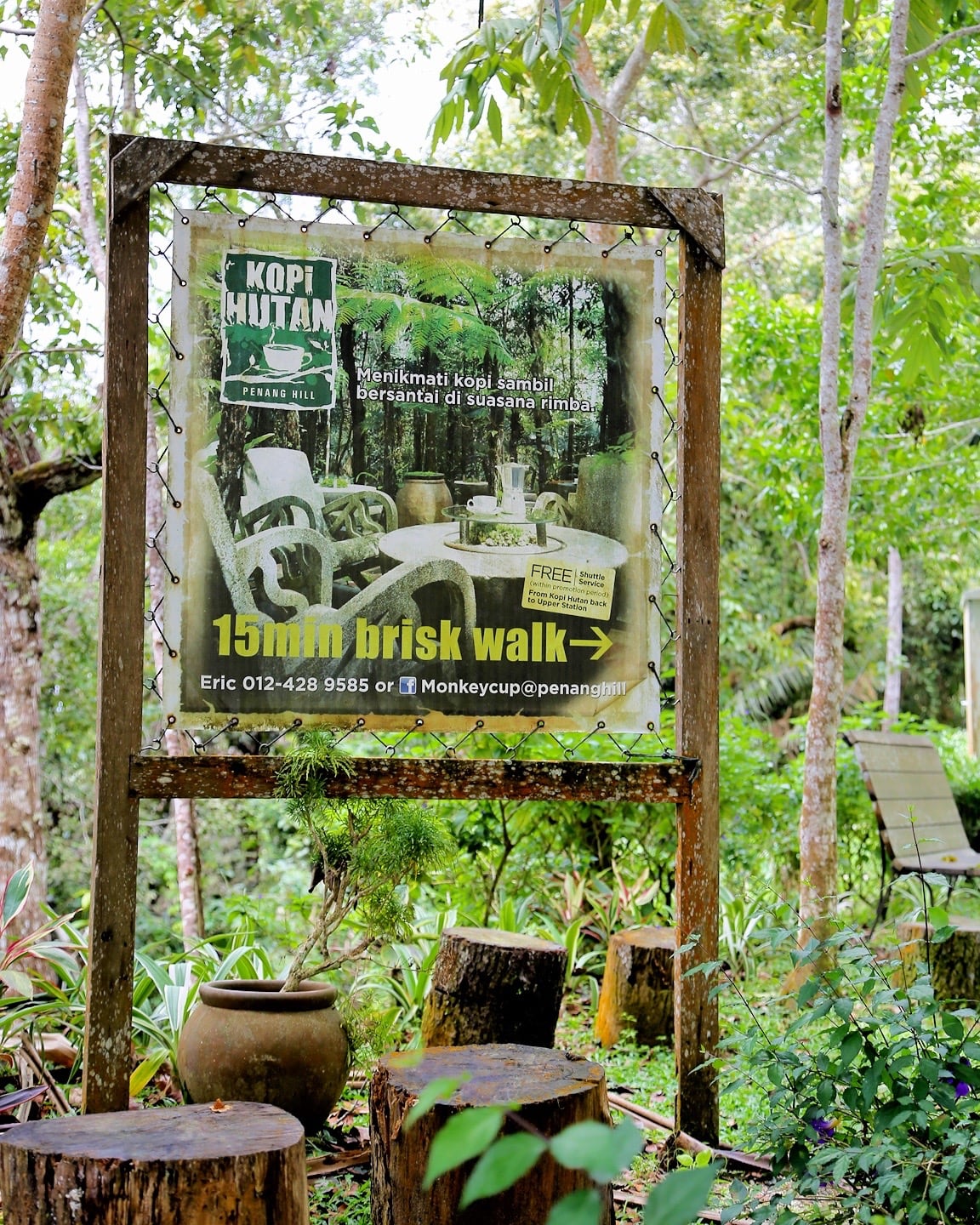 Monkey Cup Kopi Hutan coffee on Penang Hill sign for directing walkers
