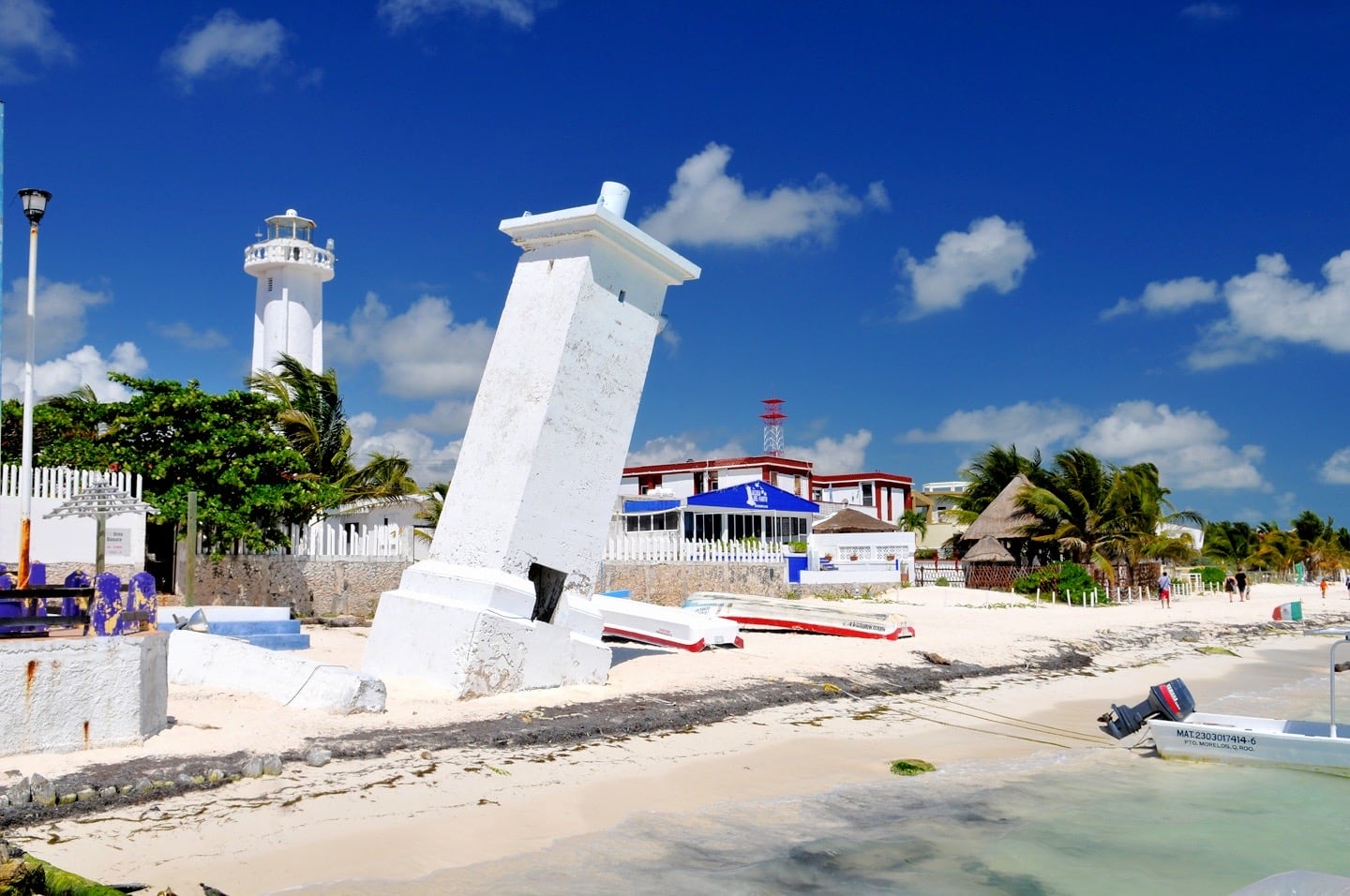 leaning historic lighthouse of Puerto Morelos Mexico