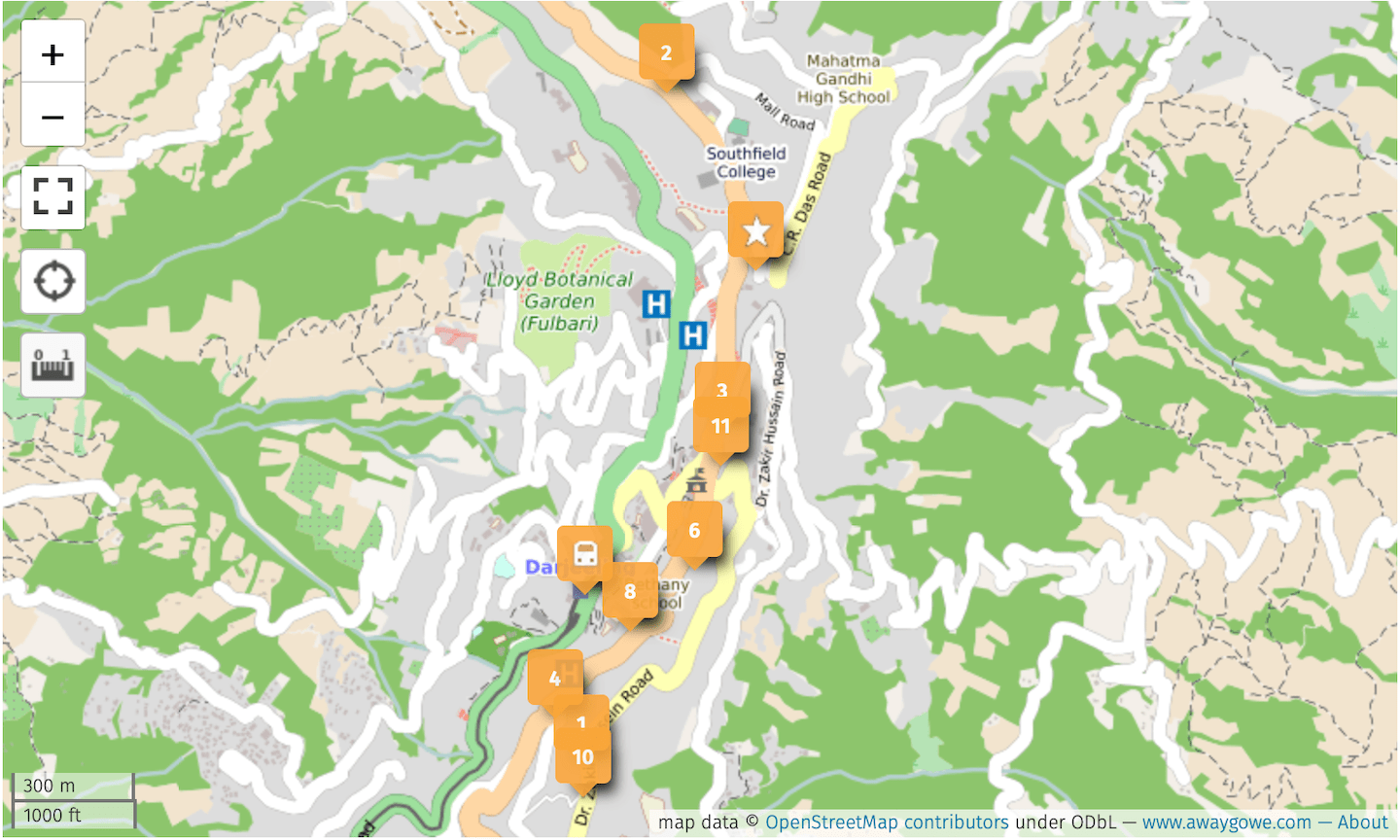 map of the best hotels in Darjeeling