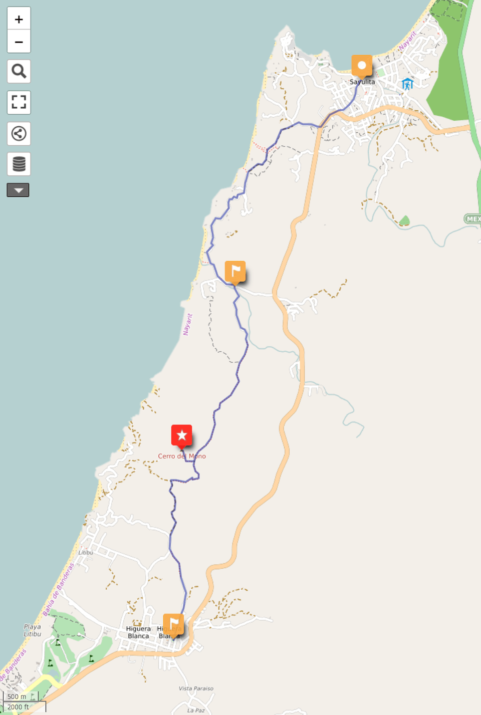 map of hiking route to Cerro del Mono Monkey Mountain from Sayulita and Higuera Blanca, Nayarit