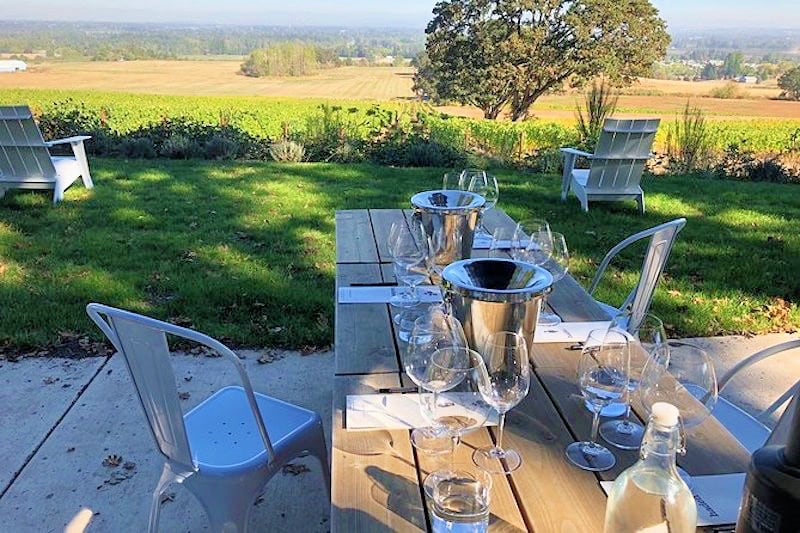 table with wine glasses on lawn