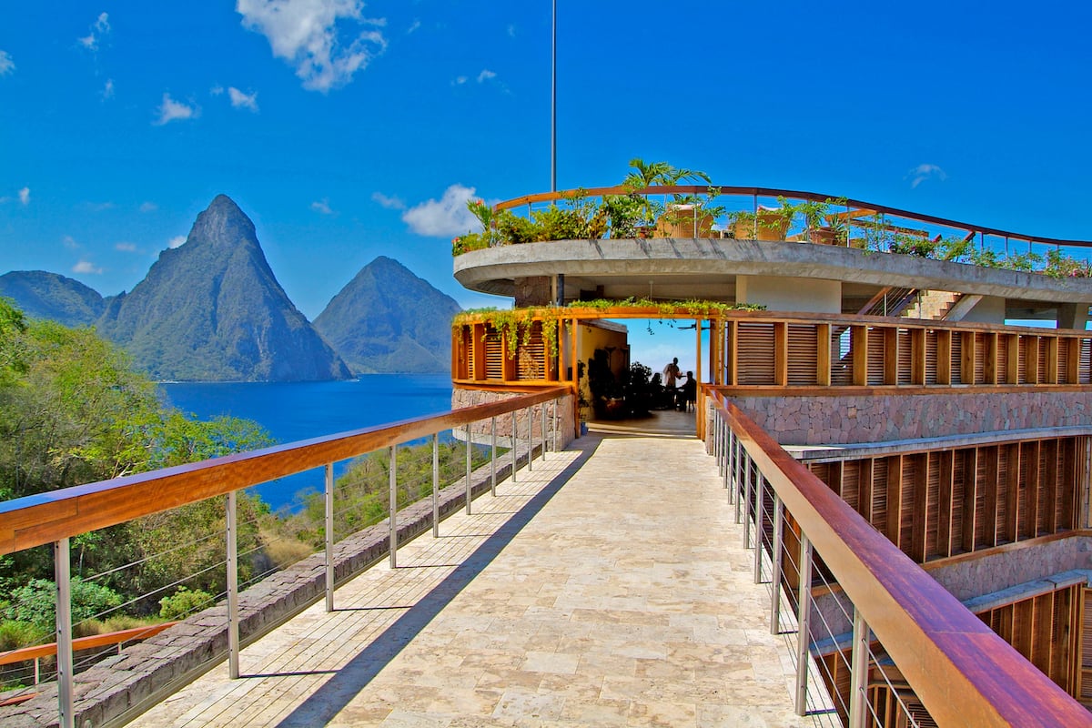 Jade Mountain walkway and Pitons best St Lucia all inclusive resorts for your honeymoon