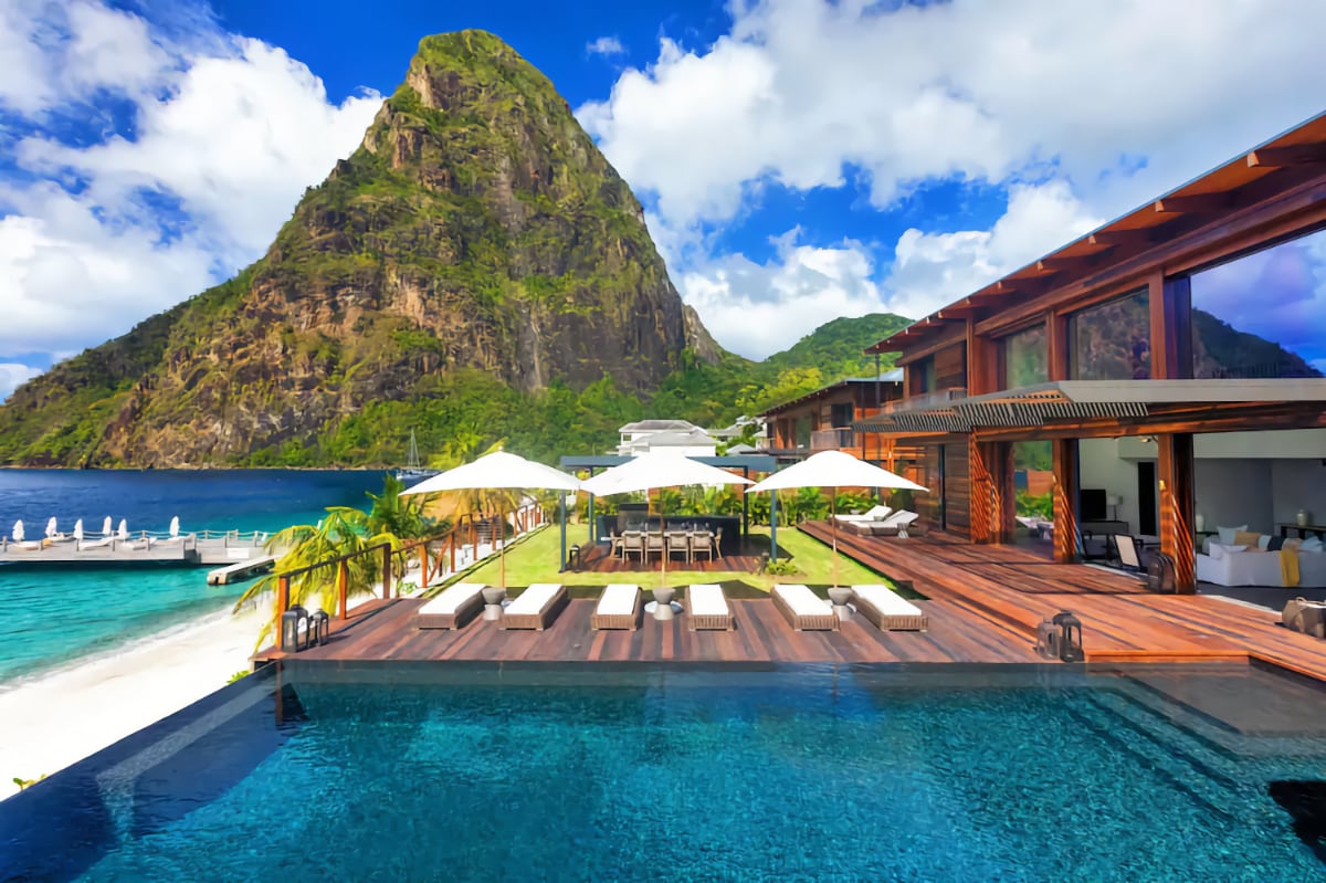 beach resort with azure waters and jungle hills St. Lucia honeymoon