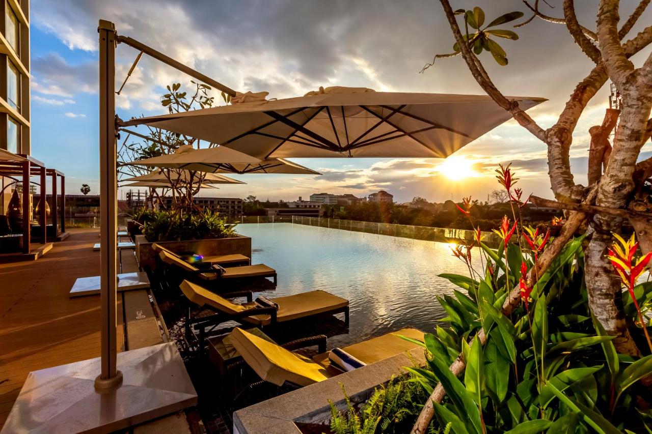 pool at hotel at sunset