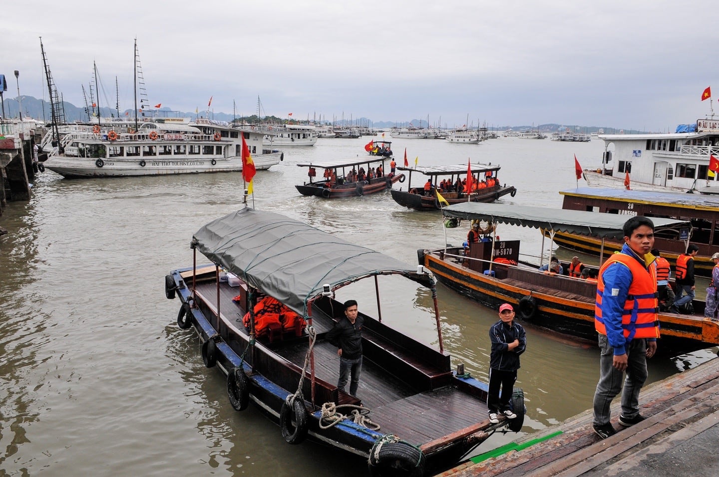 boats in Ha Long City harbor Vietnam