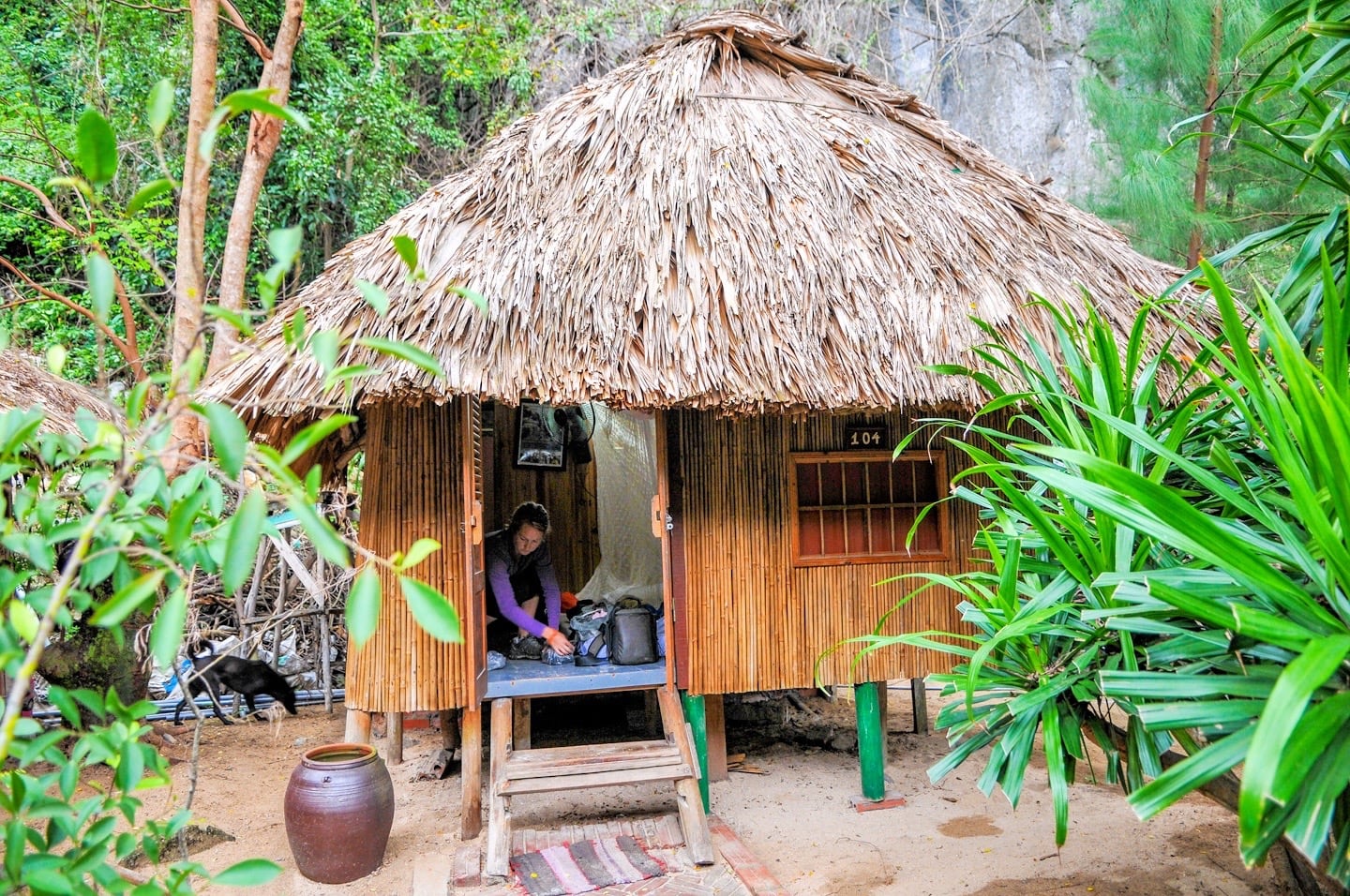 woman in beach cabana Halong Bay cruise