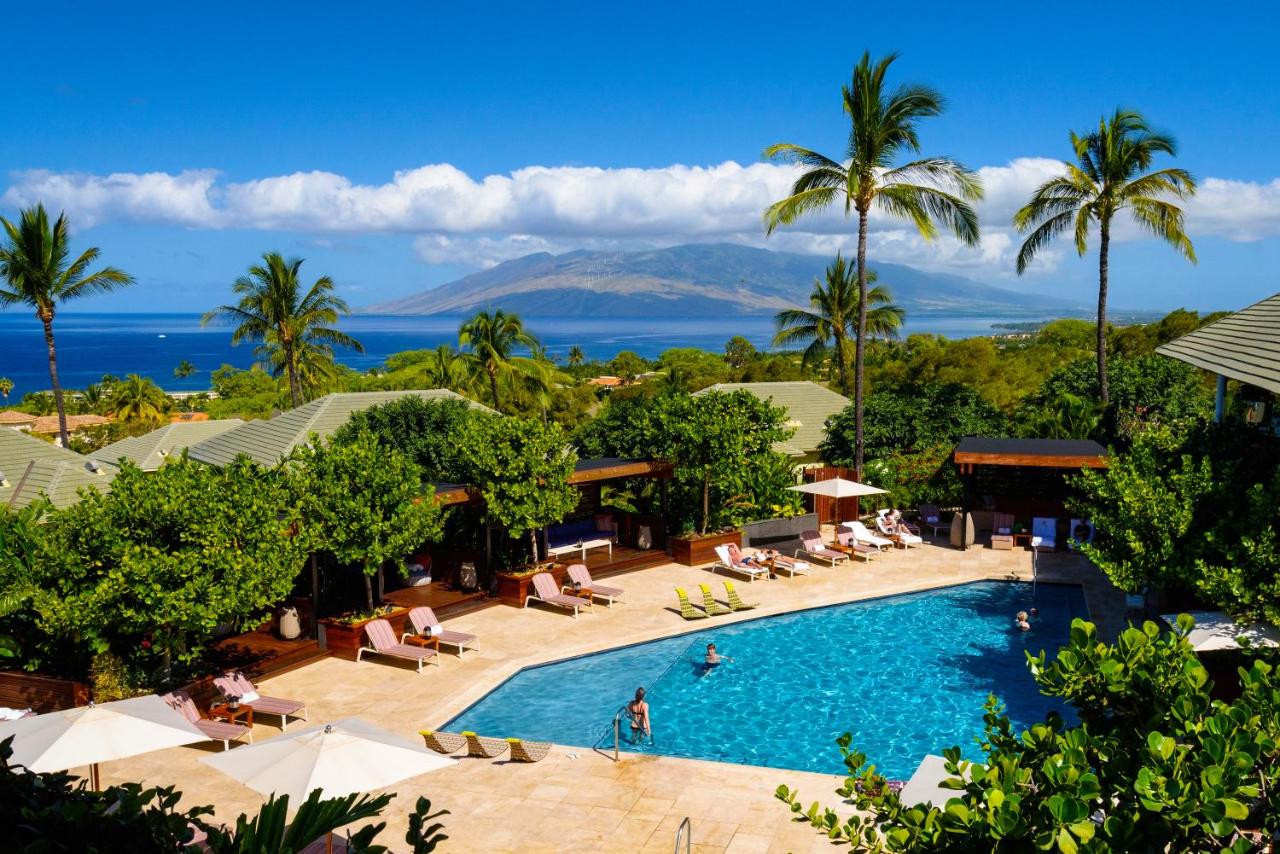 tropical island resort pool view of volcano