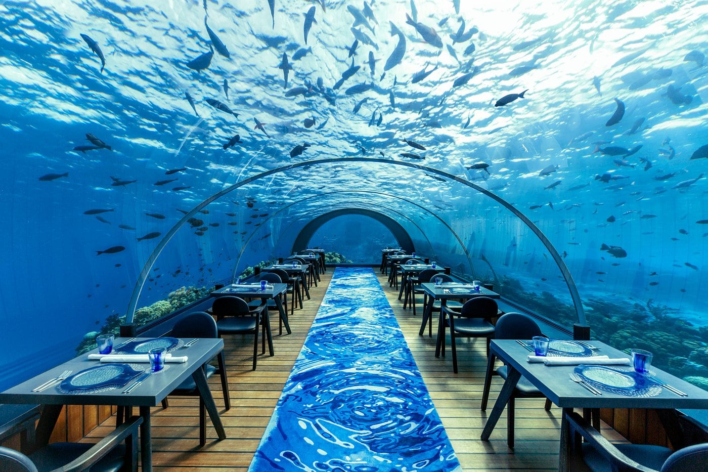underwater dining room at luxury resort