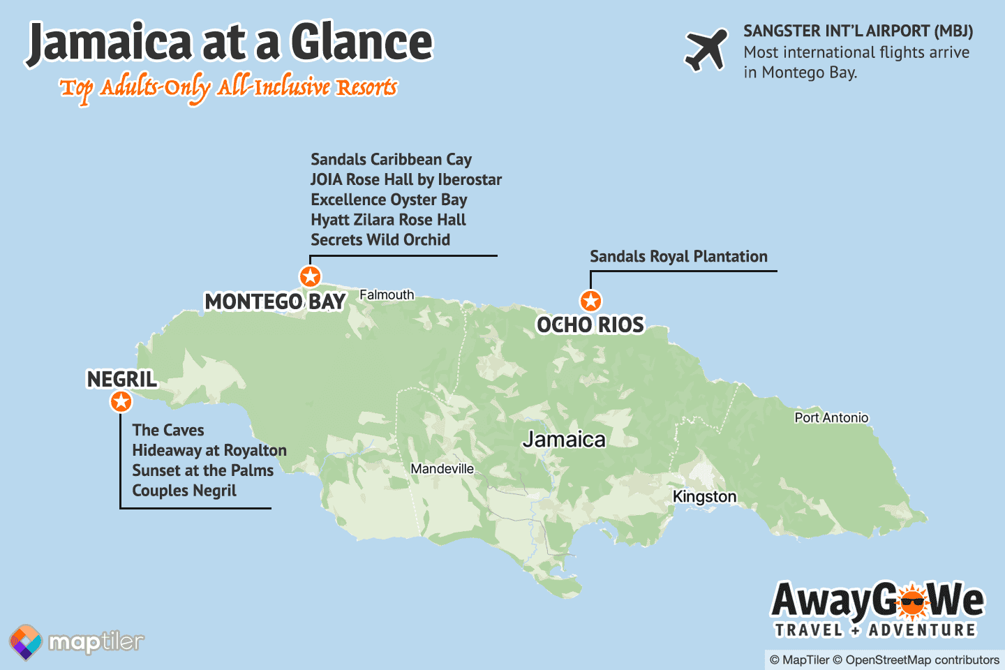 Map showing three primary resort areas and best adults only all inclusive resorts in Jamaica