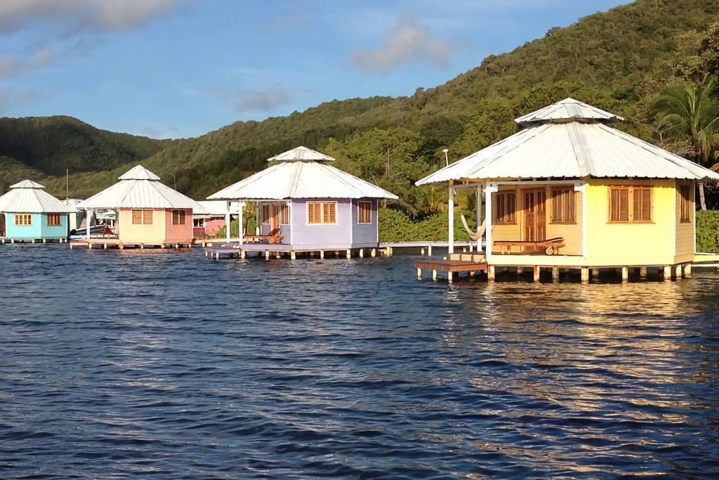 colorful Caribbean water bungalows in Roatan