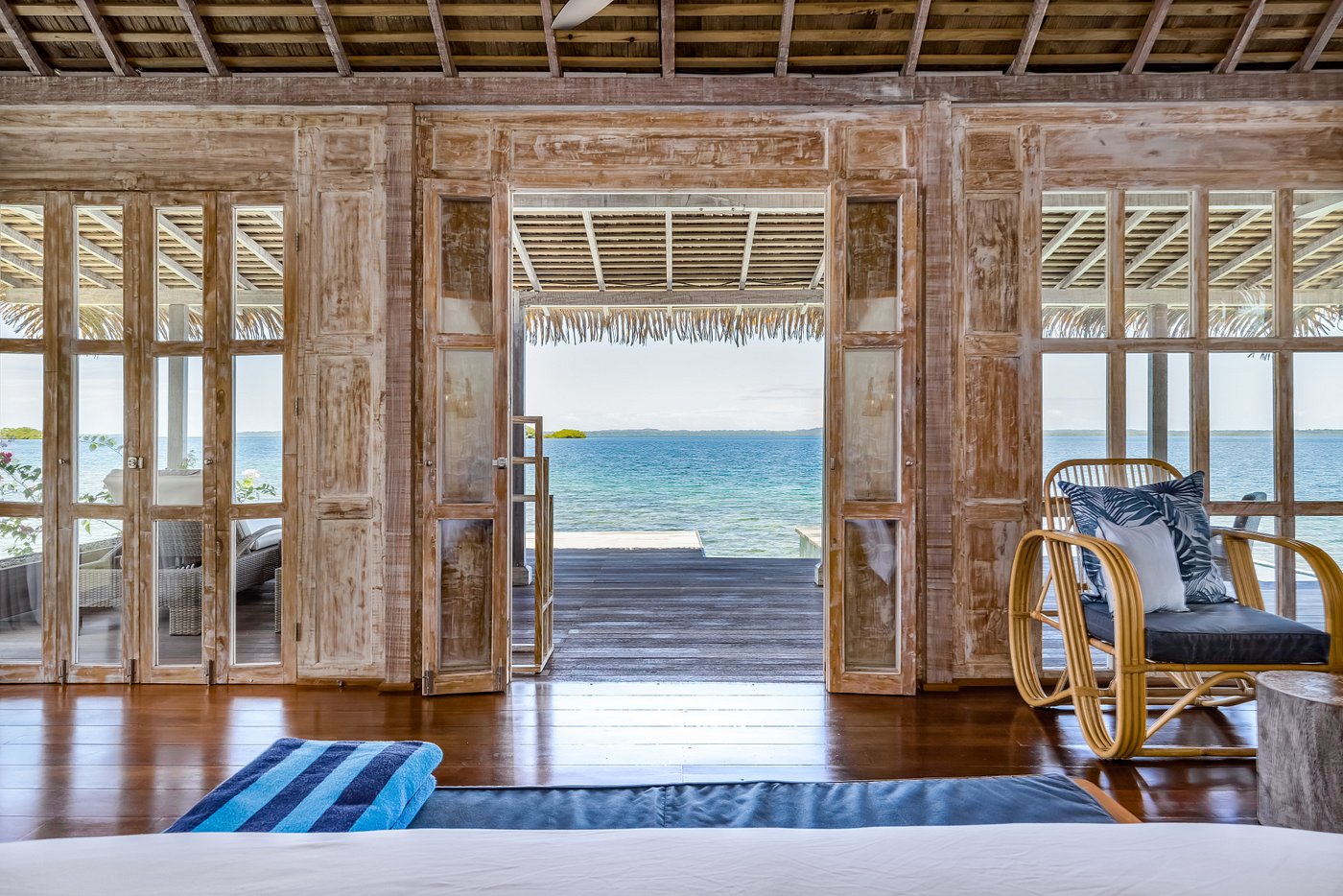 interior of water bungalow with sea view