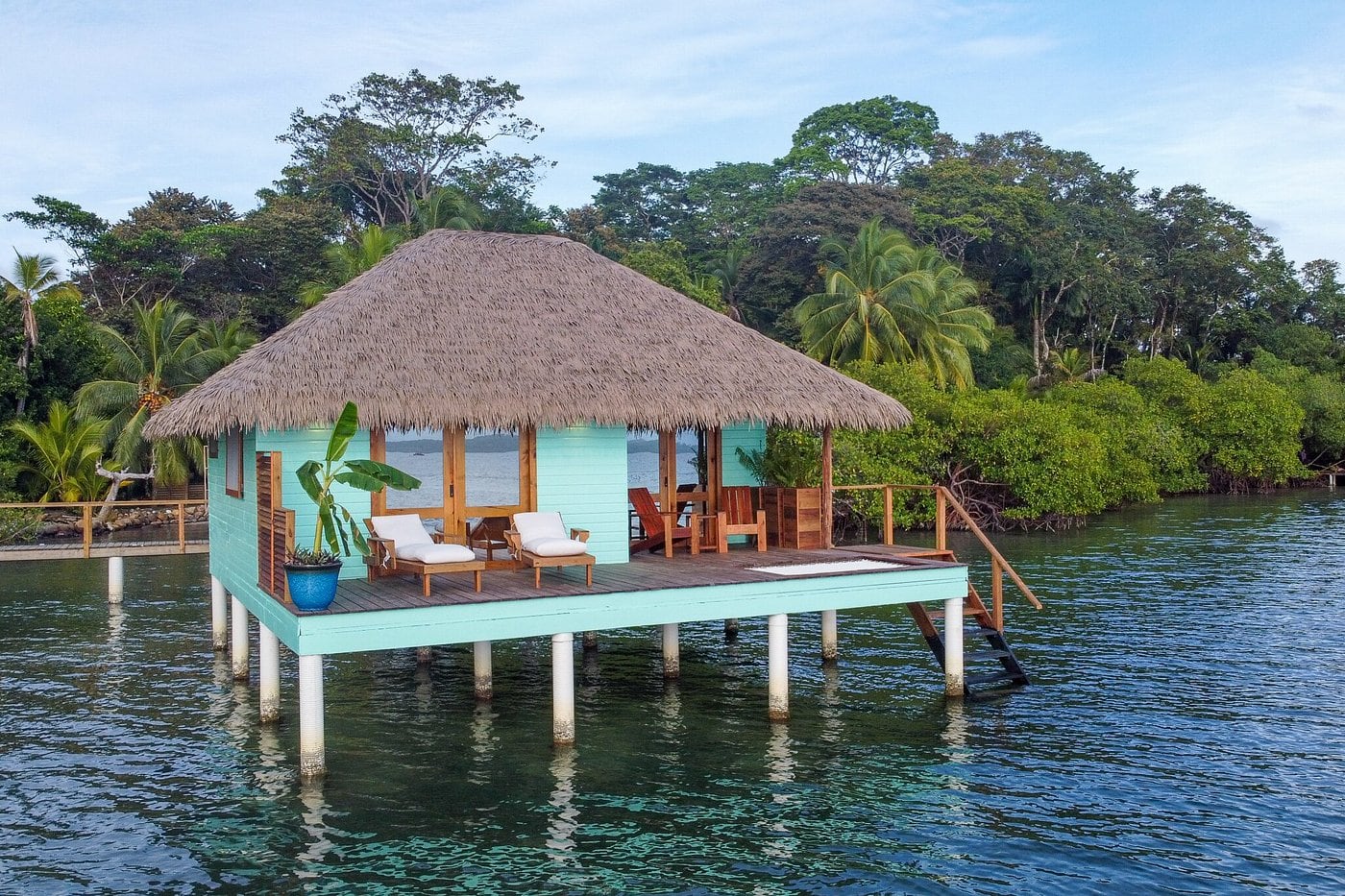 Panama water villa with thatch roof in mangrove