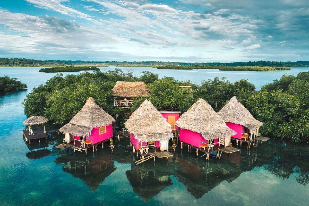 pink bungalows with thatch roofs surrounded by mangrove and water