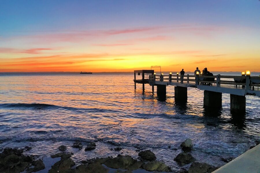 pier and restaurant at sunset