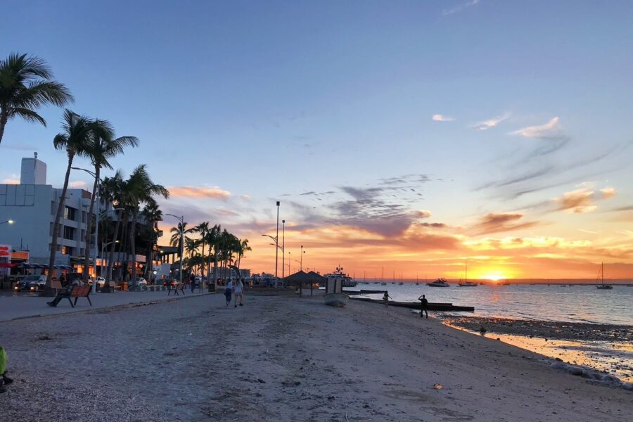 La Paz Malecon and beach at sunset