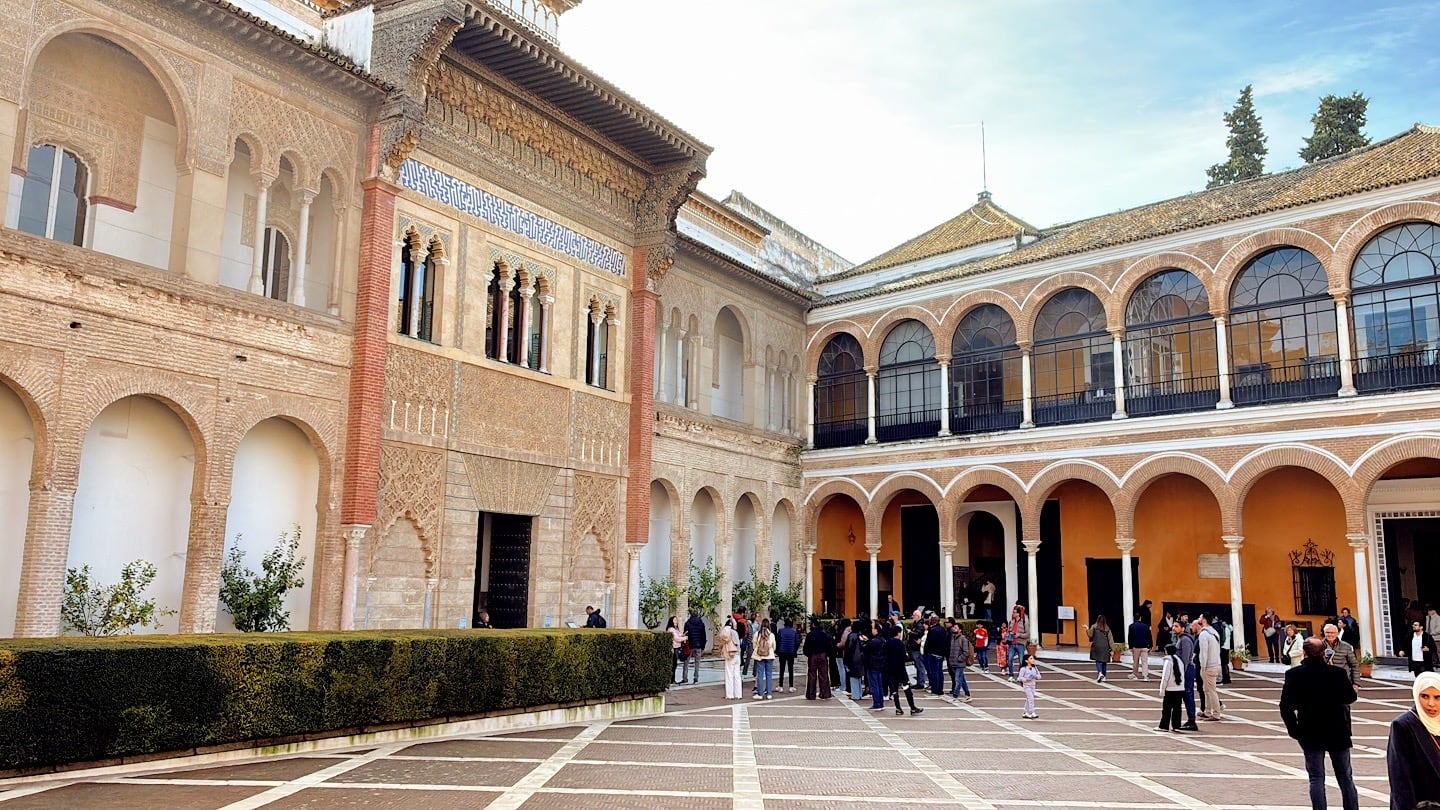 The Royal Alcazar Real in Sevilla Spain Patio de la Montería (Courtyard of the Hunt) and Palace of King Pedro I