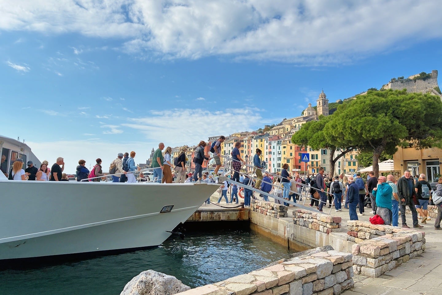 ferry arriving with passengers in Portovenere Italy
