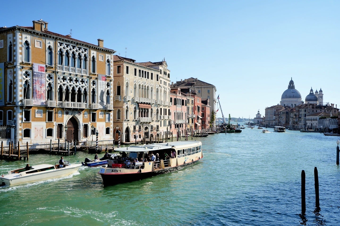 Vaporetto water taxi on Grand Canal Venice Italy